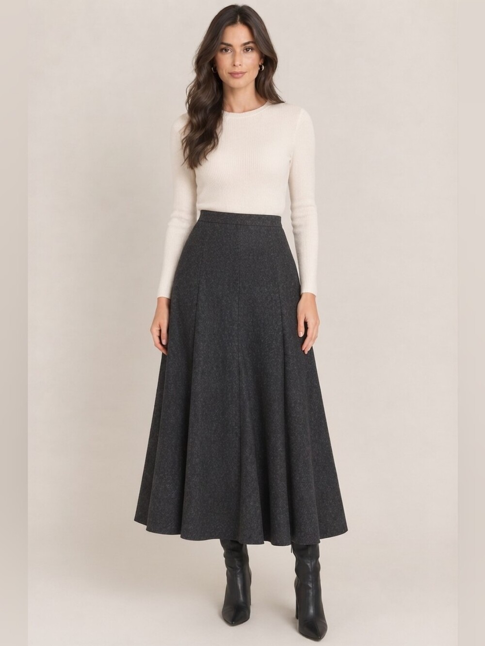 Vintage Wool Paneled Flare Maxi Skirt Dark Gray Charcoal Lux-Lorelei XS 0 Career